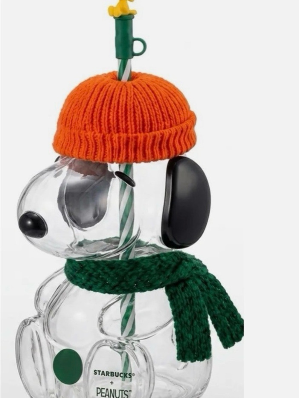Starbucks Peanuts Snoopy Clear Bottle with Orange Knit Hat and Green Scarf